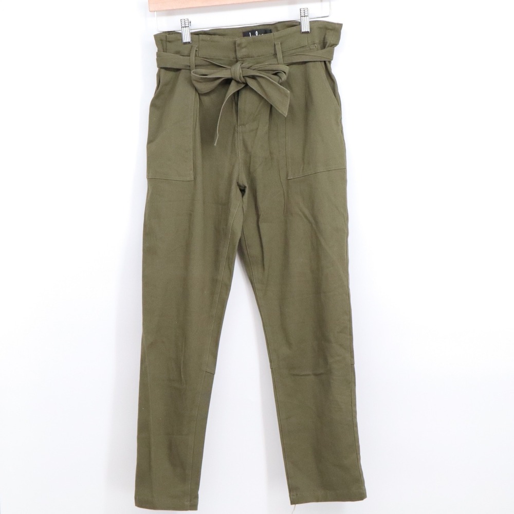 Lulus Pants Womens Medium Paperbag Waist Olive Green Belted Tapered Excellent